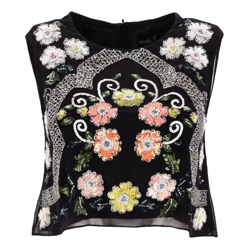 NWT Needle & Thread Luxe Black Sequin Beaded Floral Romantic Glam Boxy Crop Top
